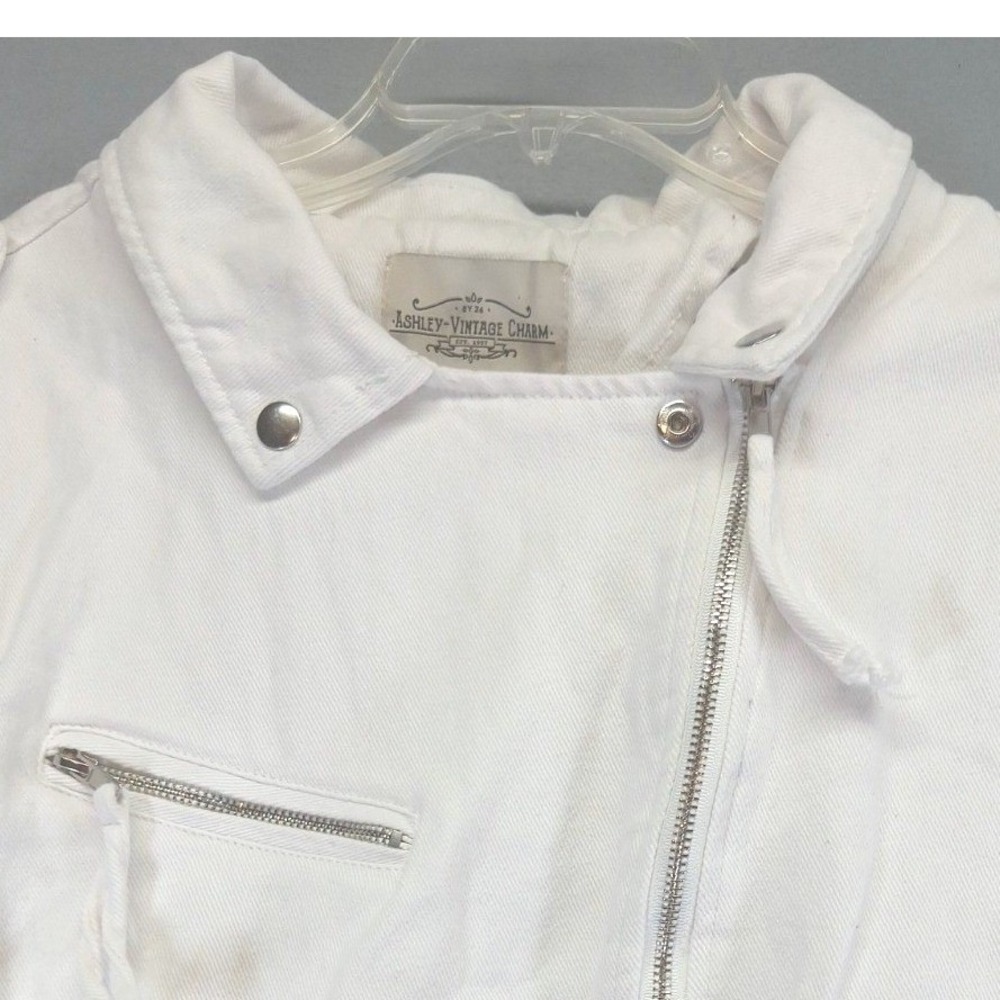 Ashley Vintage Charm Women's Jean Denim White Jacket‎ Pockets Full Zip Size XL